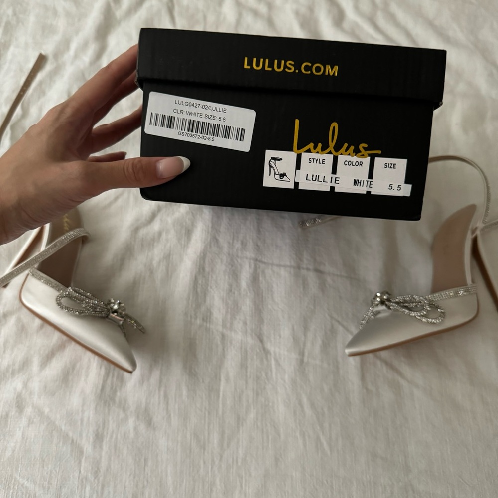 Lullie Ivory Satin Rhinestone Ankle Strap Pointed-Toe Pumps - Picture 3 of 5